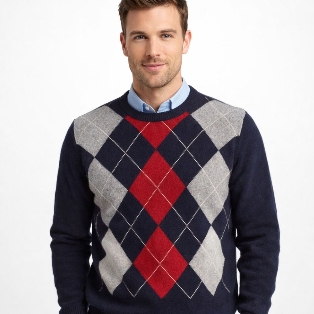 90s Club Room Lambswool Argyle Sweater Mens Sz L Navy Crewneck Ivy League Preppy